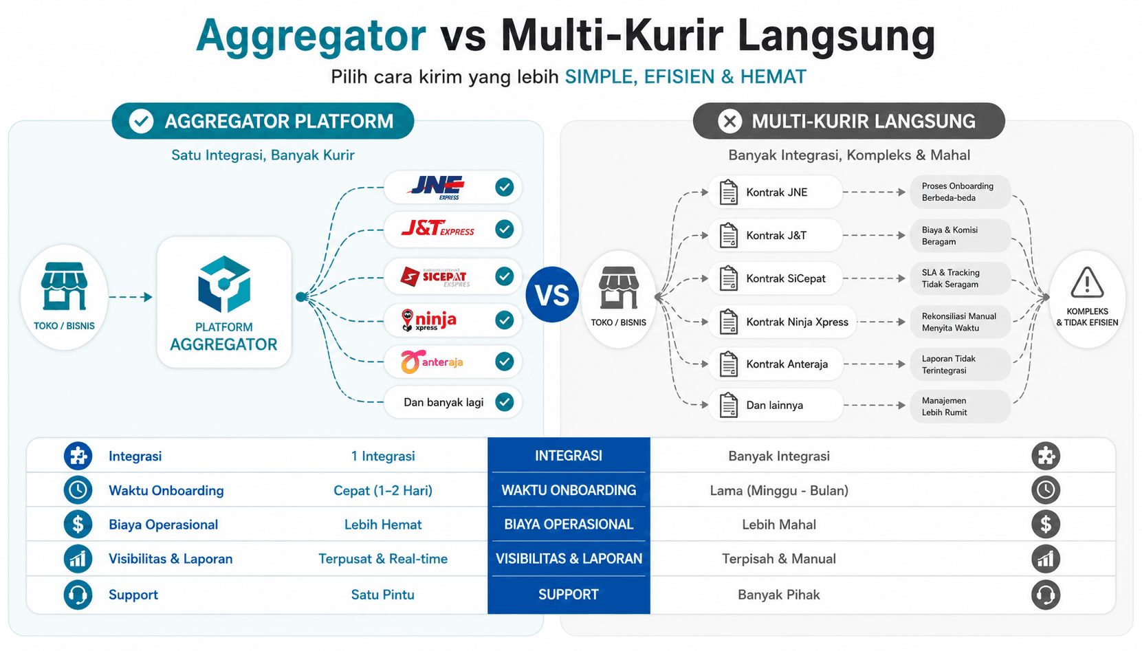Infografis perbandingan dua model logistik: aggregator platform di kiri vs manajemen multi-kurir langsung di kanan, dengan metrik efisiensi