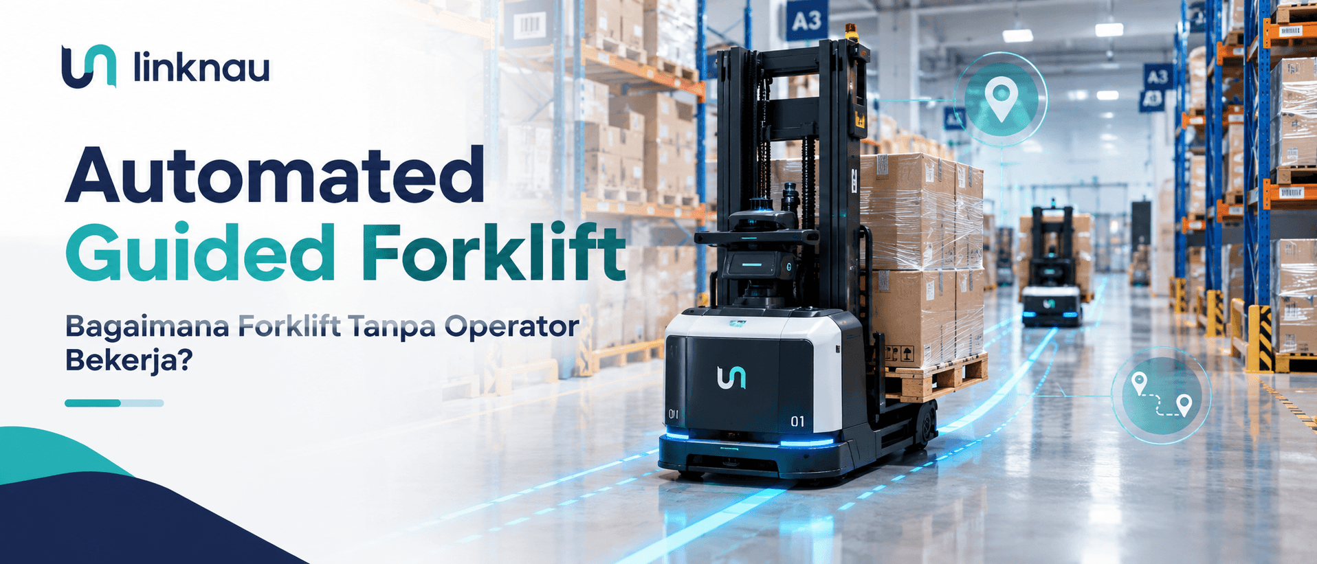 Automated guided forklift tanpa operator di warehouse