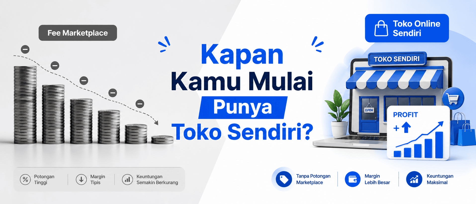 Grafis perbandingan biaya berjualan di marketplace vs website sendiri, dengan ikon toko digital dan panah menuju keuntungan lebih besar