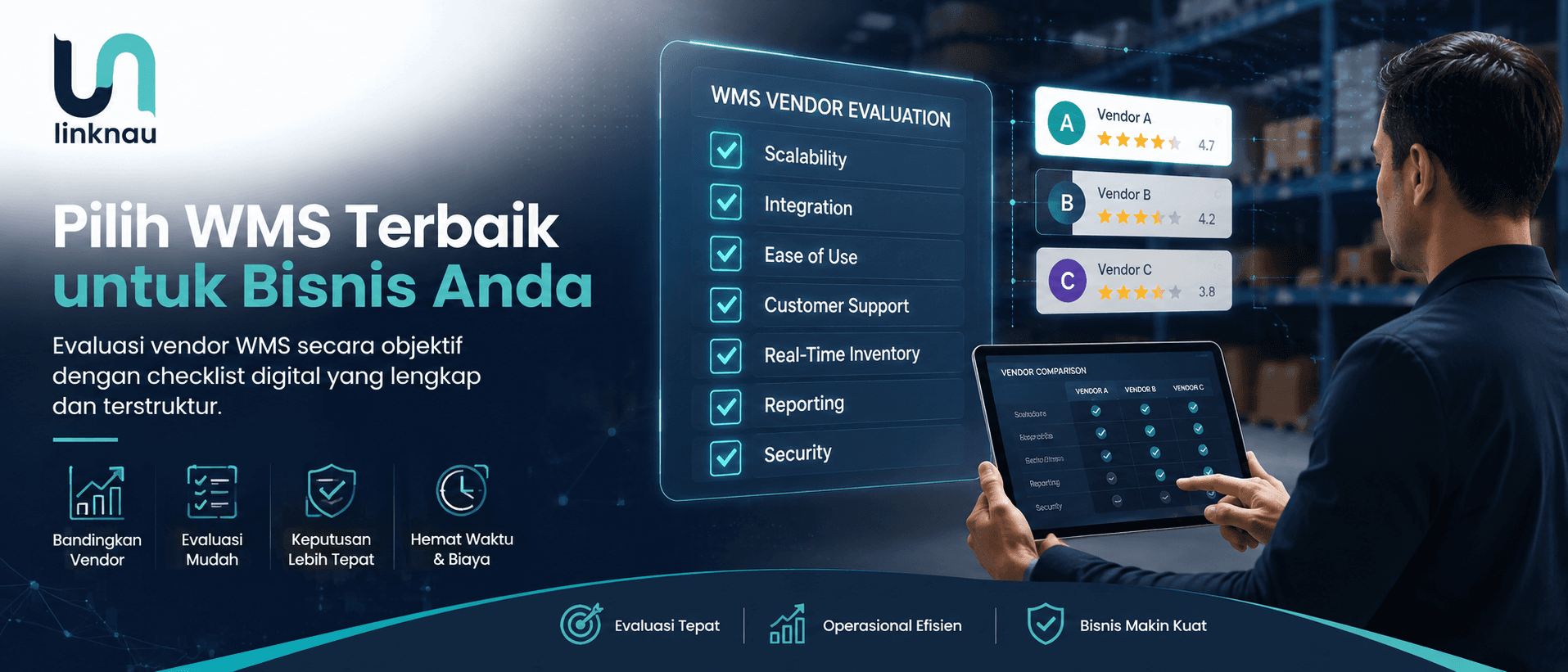 Ilustrasi proses evaluasi vendor WMS dengan checklist fitur, integrasi sistem, implementasi, dukungan teknis, dan dashboard digital.