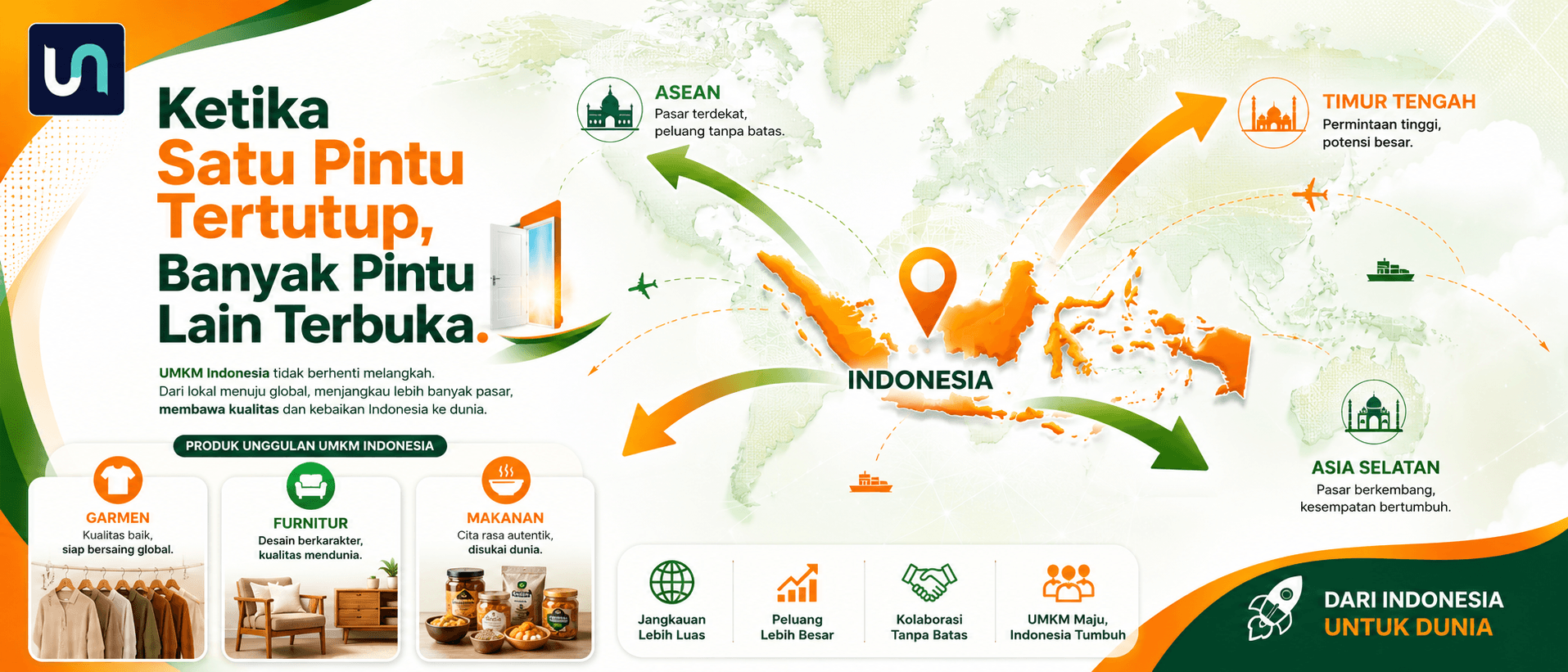 Peta Asia Tenggara dengan rute perdagangan baru dari Indonesia ke pasar ASEAN, Timur Tengah, dan Asia Selatan, warna oranye dan hijau