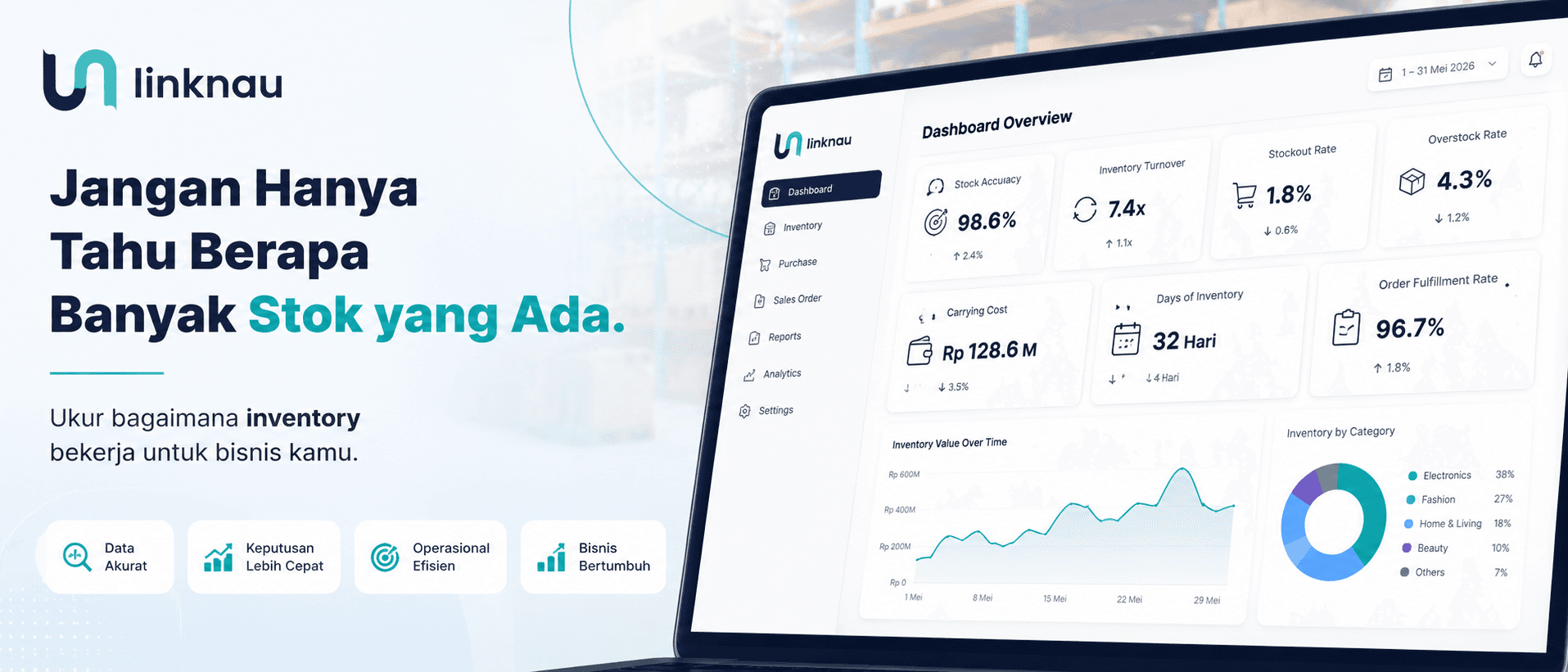Dashboard inventory digital yang menampilkan tujuh KPI utama seperti stock accuracy, inventory turnover, stockout rate, dan carrying cost.