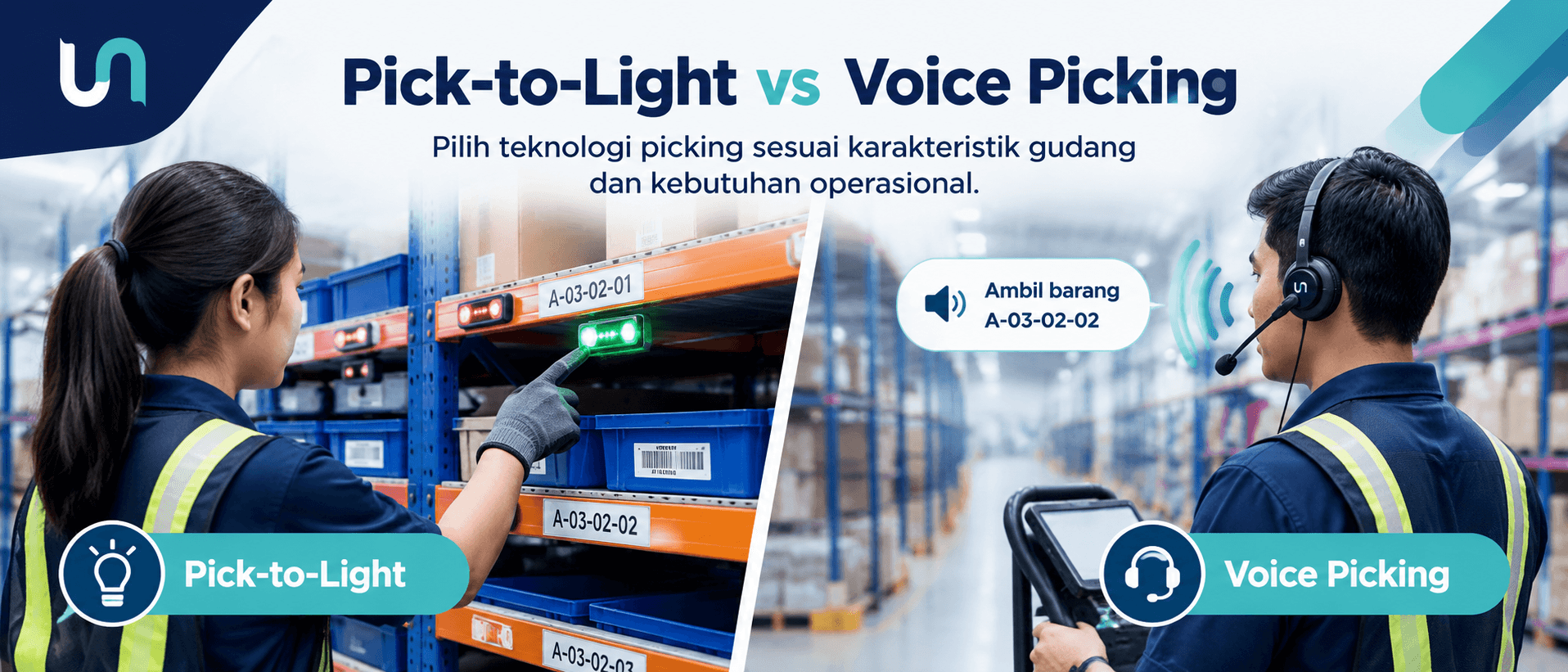 Perbandingan teknologi pick-to-light dan voice picking untuk meningkatkan efisiensi pengambilan barang di gudang.