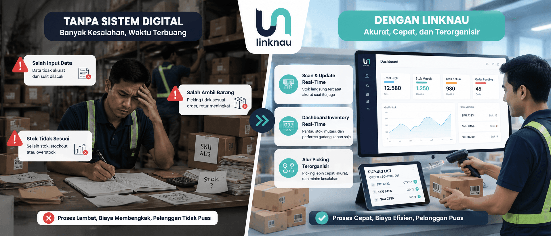 Ilustrasi operator gudang yang melakukan pencatatan manual dibandingkan dengan proses digital menggunakan barcode scanner dan dashboard Warehouse Management System (WMS)