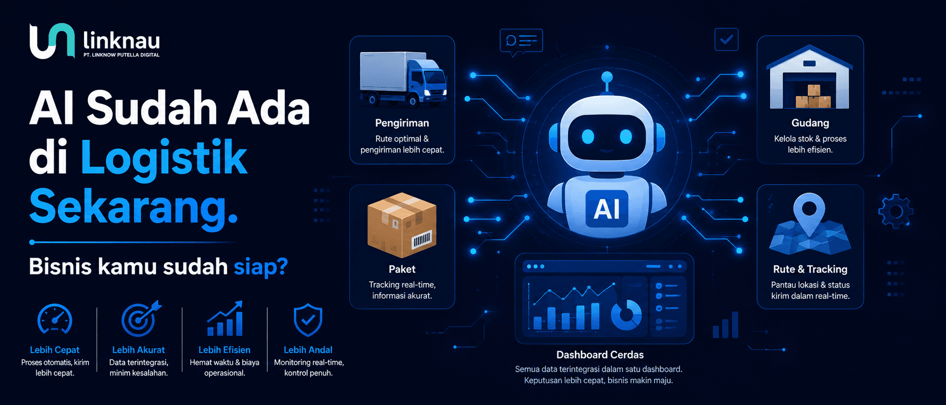 Ilustrasi AI assistant mengolah data logistik - robot digital dengan dashboard pengiriman, rute, dan inventori di layar futuristik berwarna biru navy