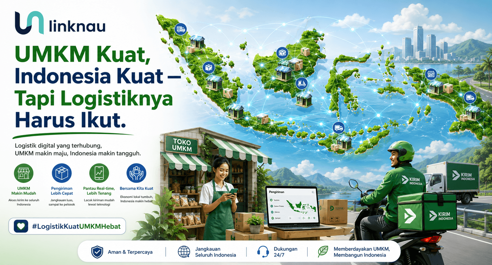Ilustrasi jaringan UMKM Indonesia yang terhubung melalui sistem logistik digital, ikon toko kecil dengan koneksi pengiriman ke seluruh Indonesia