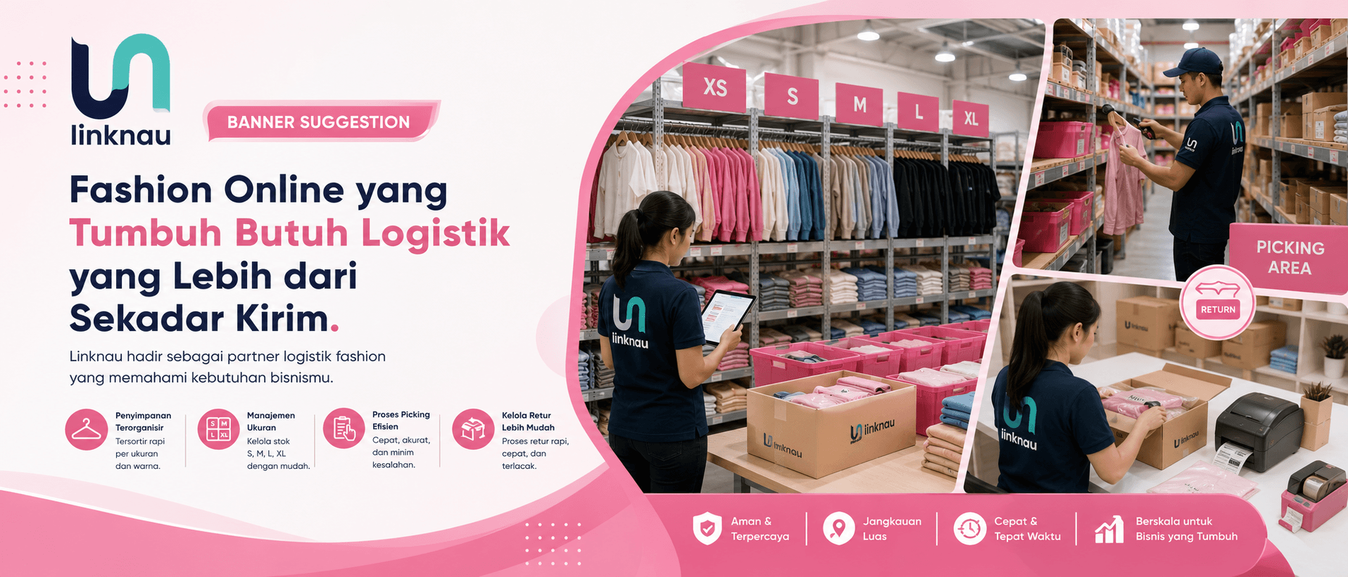 Alt Text Banner Ilustrasi operasional logistik bisnis fashion online: rak stok dengan berbagai ukuran pakaian, proses picking yang terorganisir, dan packaging yang rapi
